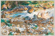 a painting of two people sitting on rocks by a stream with bears in the background