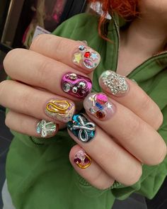 NAILMAMKA | оце я розумію новорічний мані💫 | Instagram Retro Nails, Crazy Nails, Gem Nails, Kawaii Nails, Nail Decorations, How To Do Nails, Short Nails, Makeup Nails