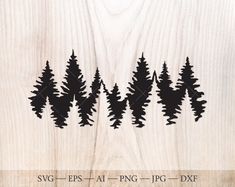 the silhouettes of pine trees are shown in black against a white background with wood grain