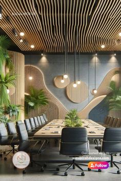 a large conference table with black chairs and palm trees in the background, surrounded by wooden paneling