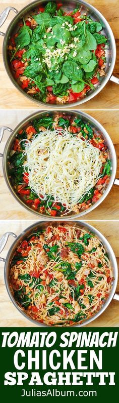 three pans filled with pasta and spinach on top of a wooden table next to each other