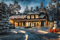 a snowman is standing in front of a house with christmas decorations on the driveway