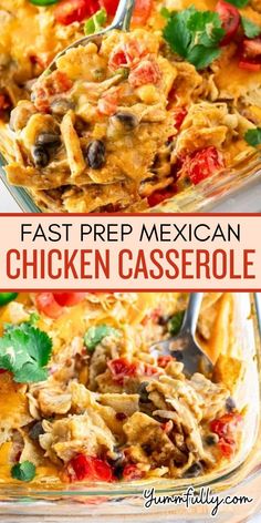 mexican chicken casserole in a glass dish with a serving spoon on the side