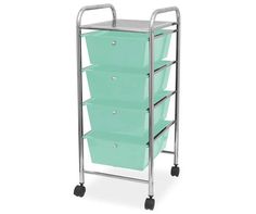 a metal cart with four drawers and wheels on the bottom, in front of a white background