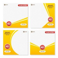 four different price tags with yellow background