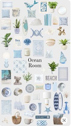 the ocean room is filled with blue and white items