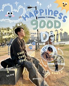 a man sitting on top of a suitcase in front of a sign that says happiness good