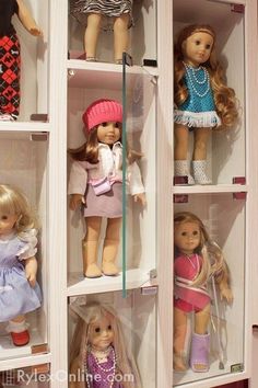 many dolls are on display in the closet