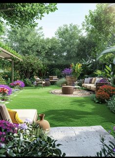 a lush green backyard with lots of flowers