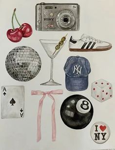 watercolor and ink drawing of various items used in the game of pool