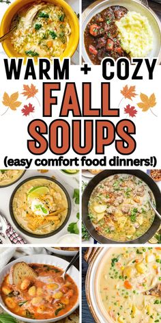 Easy fall soup recipes for dinner, including hearty stew recipes, chicken soups, and healthy or vegetarian comfort food soup ideas. Soups Fall Comfort Foods, Soups For The Winter, Soups For October, Rainy Soup Recipes, Easy Autumn Soup, Fall Stews Crockpot, Fall Soup Easy, Healthy Fall Soups Crock Pots, Easy Cozy Soup Recipes