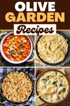 the ultimate olive garden recipes cookbook is shown in four different pictures, including pasta and sauce