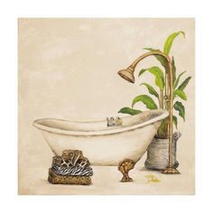 a painting of a bathtub with plants in it