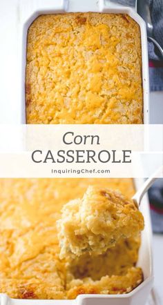 corn casserole in a white dish with a spoon