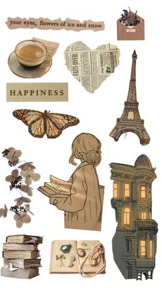 an assortment of paper cut outs with words and pictures on them, including the eiffel tower