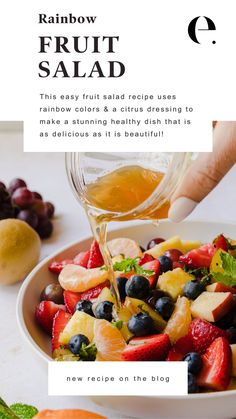 someone pouring fruit salad into a bowl