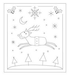 a christmas card with a reindeer flying through the air and snowflakes in the background