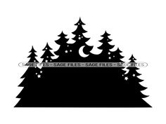 a black and white silhouette of trees with stars