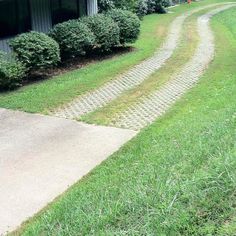 the grass is green and there are two paths going up to each other in front of a house