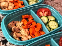 three blue bowls filled with different types of vegetables and meats on top of a counter