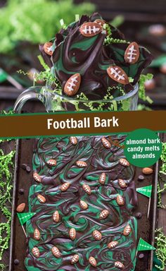 chocolate football bark with candy nuts and green leaves