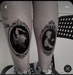 two tattoos on the legs of people with pictures of animals in them and one is holding a baby