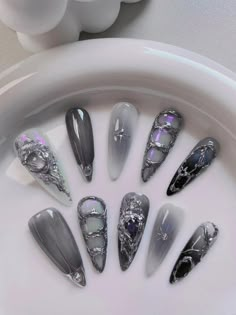 Experience the majesty of iron ore meteorites with our Iron Ore Meteorite press-on nails. Their extraterrestrial design is sure to bring out-of-this-world flair to your look! Transform your mani with a space-inspired style! Ongles Goth, Gothic Nails, Goth Nails, Y2k Nails, Beauty Nail, Funky Nails