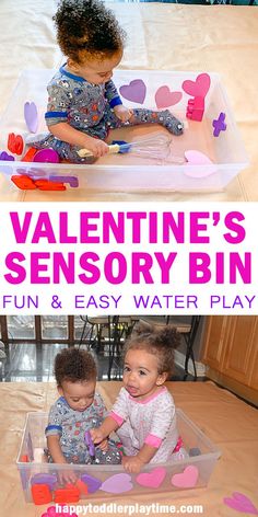 two children playing with valentine's day sensory bins