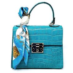 Aqua Color, Hardware Color Gold Leather Hand Bag With Shoulder Strap And Silk Scarf. Length = 10" Width = 4.5" Height = 12" Luxury Blue Square Shoulder Bag, Designer Blue Square Bags, Designer Blue Square Satchel, Luxury Blue Square Satchel, Chic Blue Satchel As A Gift, Luxury Blue Bag As Fashion Accessory, Luxury Blue Stylish Bag, Trendy Blue Box Bag For Formal Occasions, Blue Square Bag With Gold-tone Hardware