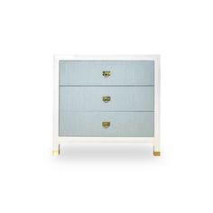 a white and blue chest of drawers with two gold handles on each drawer, against a white background