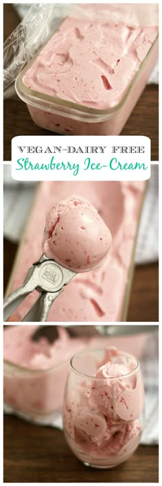 strawberry ice cream in a glass dish with a spoon