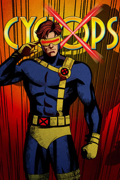 a man in a blue and yellow costume standing next to a red background with the words cy - ops on it