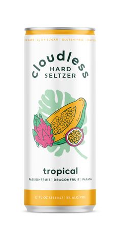 a can of liquid that says cloudless seltzer tropical with an image of a pomegranate on it