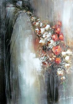 an abstract painting of flowers in a vase