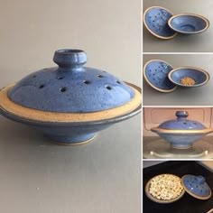 several pictures of different bowls and plates with holes in the top one has a lid