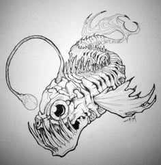 a drawing of a fish that is in black and white with some ink on it