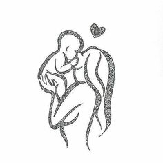 a drawing of a woman holding a baby in her arms, with hearts flying above