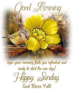 a yellow flower with a bird on it and the words good morning are in gold lettering