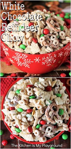 white chocolate reindeer chow recipe in a red bowl