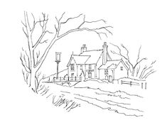 a drawing of a house in the woods