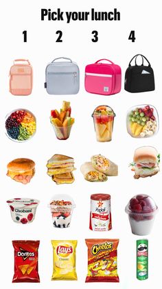 the contents of a lunch box are shown in this graphic diagram, with text that reads pick your lunch 1 2 3 4