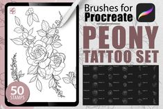 the procreate peony tattoo set includes 50 stamps and an applicace