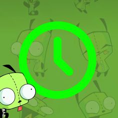 a cartoon character with an alarm clock in front of it's face and green background