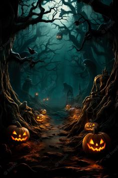 halloween scene with jack o lantern pumpkins in the woods and creepy trees at night