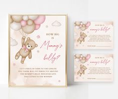 a pink and gold teddy bear themed baby shower gift set with instructions for how big is mommy's belly?