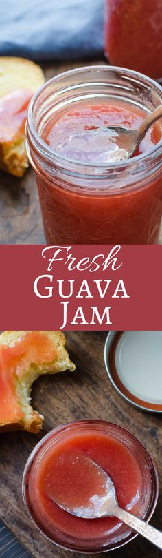 fresh guava jam in a glass jar with a spoon