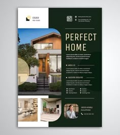 a brochure design for a real estate listing company, with an image of a house in the background