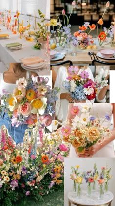 a collage of photos with flowers in vases, plates and napkins on the table