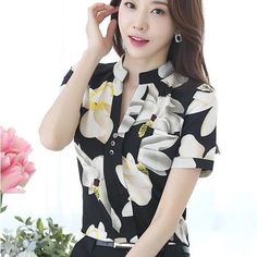 Office Work Wear, Women Chiffon Blouse, Floral Chiffon Blouse, Chiffon Blouses, Shirts Women Fashion, Black And White Blouse, 2017 Summer, Womens Tops Summer, Shirts Women