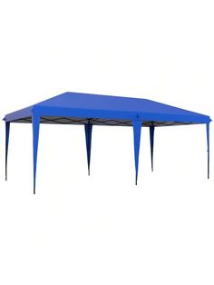 a blue tent with two sides open and one side closed